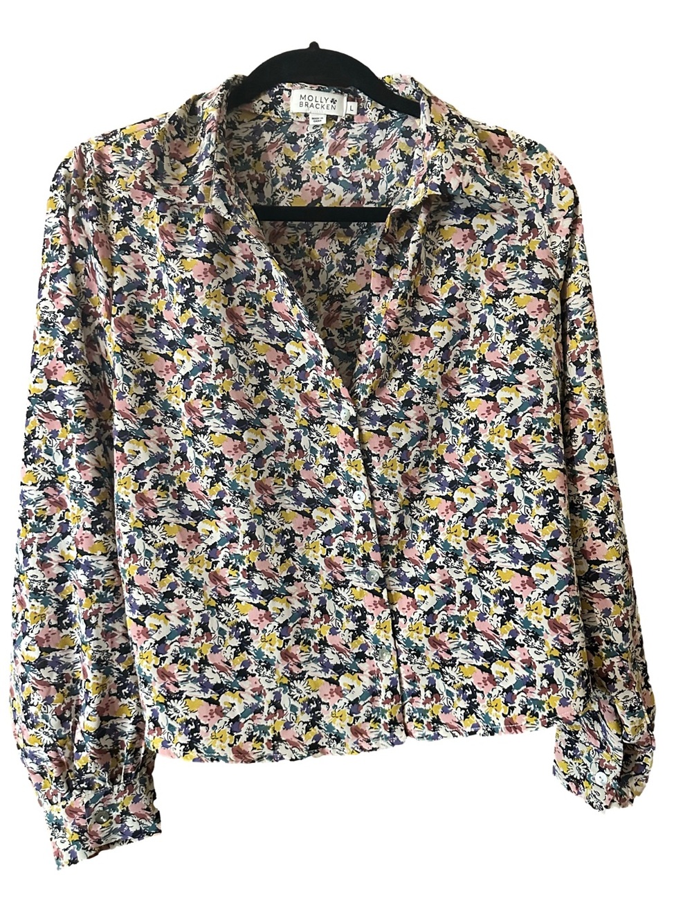 Molly Bracken Women's Floral Button-Up Blouse Pink Yellow Multi Size Large